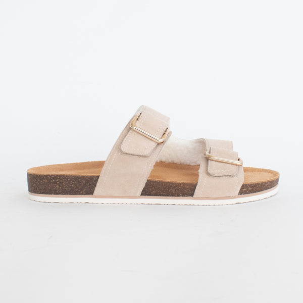 Frankie4 Nico Sandshell Shearling Sandals side. Size 10 womens shoes