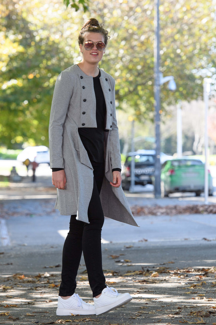 Tall woman wearing X Lab Coat Grey style shot 