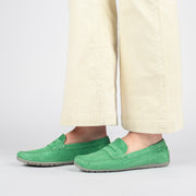 Sioux Carmona Green Moccasin Model Shot side. Size 12 womens shoes