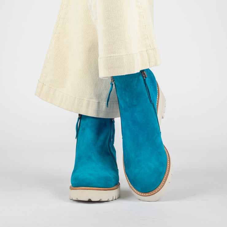 Gelato Plaza Turquoise Suede Boot Model Shot. Size 42 womens shoes