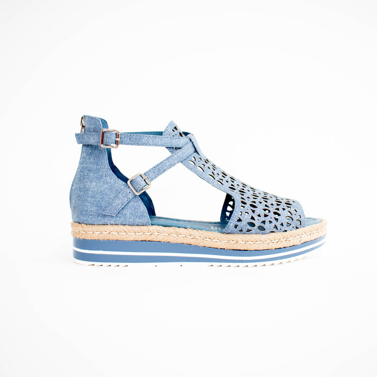 Django and Juliette Accra Blue Denim Sandals side. Size 42 womens shoe