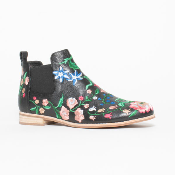 Django and Juliette Arturi Black Floral Ankle Boot front. Size 43 womens shoes
