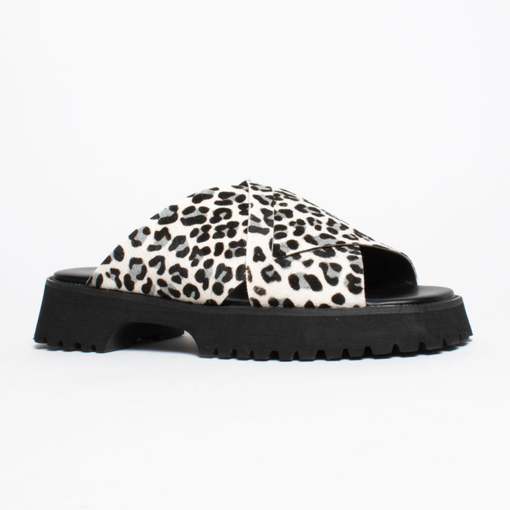 Minx Brooke Leopard Pony Print Sandal front. Size 44 womens shoes