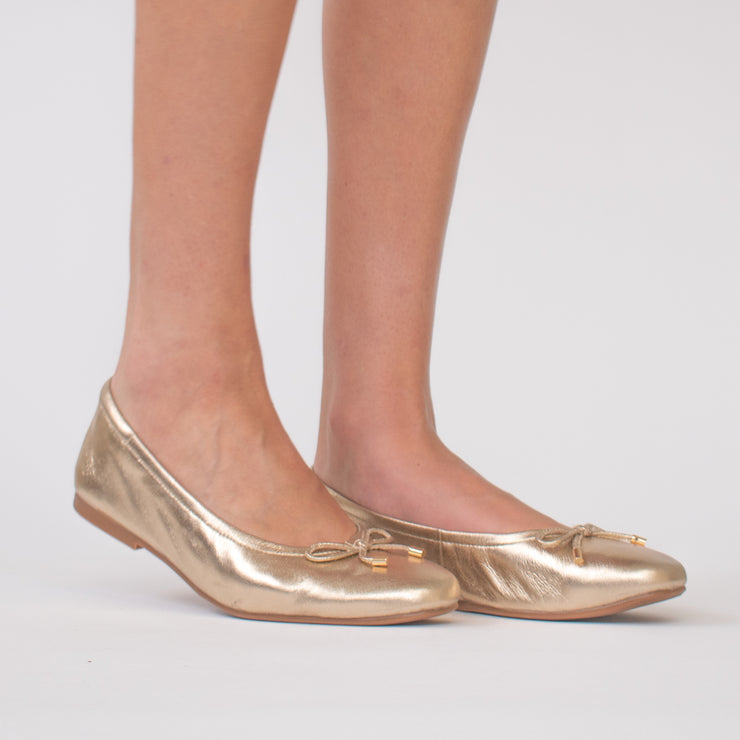 Bresley Poncho Gold Ballet Flat Model Shot. Size 42 womens shoes