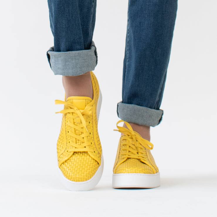 Minx Ellie Sunshine Woven Leather Sneaker model shot. Size 45 womens shoes