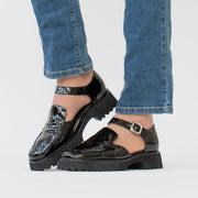 Minx Current Black Patent Shoe model shot. Size 43 womens shoes