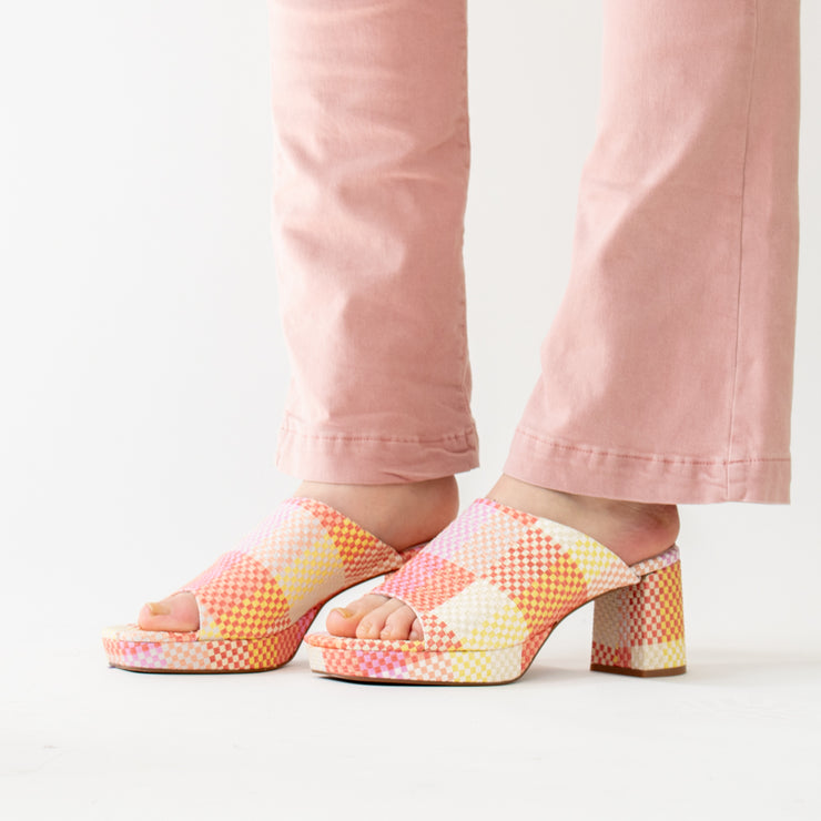Dansi Madrid Citrus Weave Sandals side. Size 42 womens shoes. On model front view.
