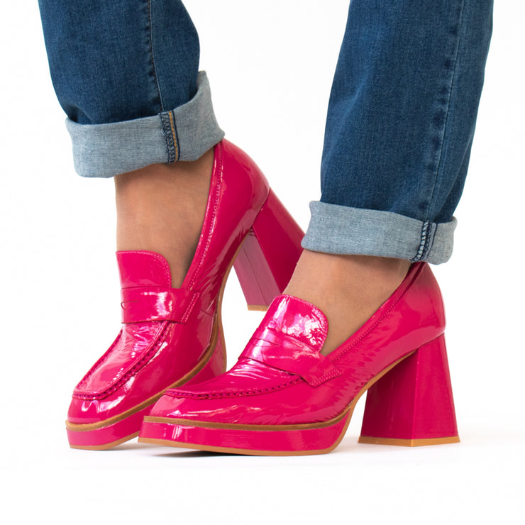 Tamara London Burdy Pink Patent Shoes model shot. Size 43 womens shoes