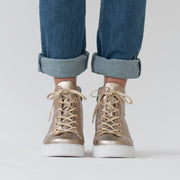 Minx Harlow Winter Rose Gold Boots model shot. Size 45 womens shoes