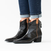Minx Ryder Black Crinkle Patent Ankle Boots Model Shot side. Size 43 womens shoes
