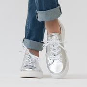 Minx Izzy Silver Linen Emboss Sneaker model shot. Size 45 womens shoes