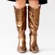 Minx Giddy Up Gal Bright Bronze Long Boots Model Shot Front. Size 43 womens shoes