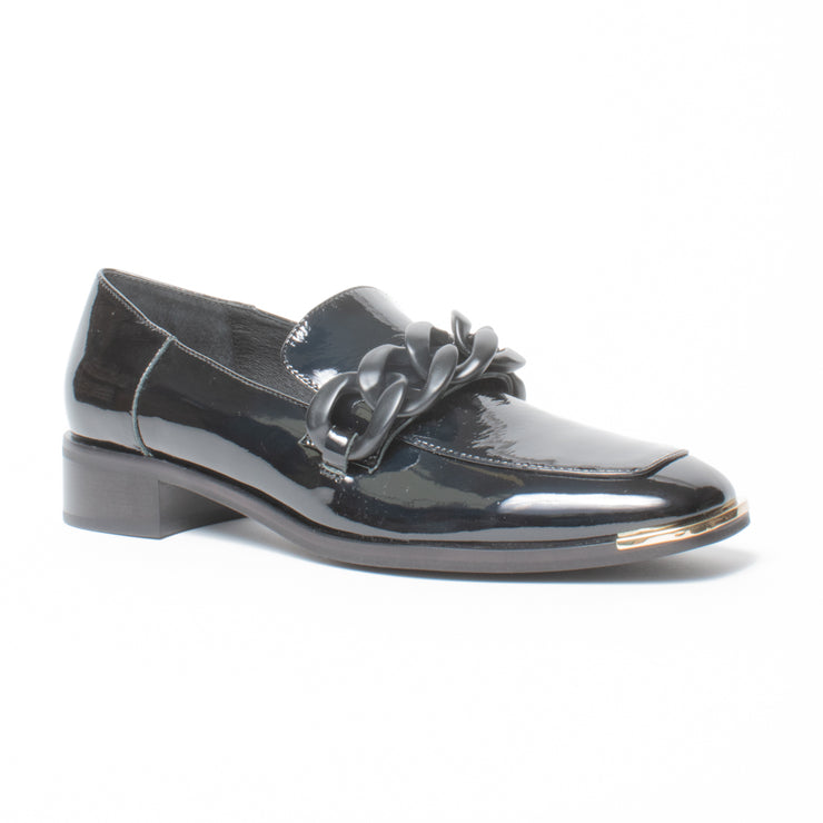 Django and Juliette Fingal Black Patent Loafer Shoe front. Size 43 womens shoes