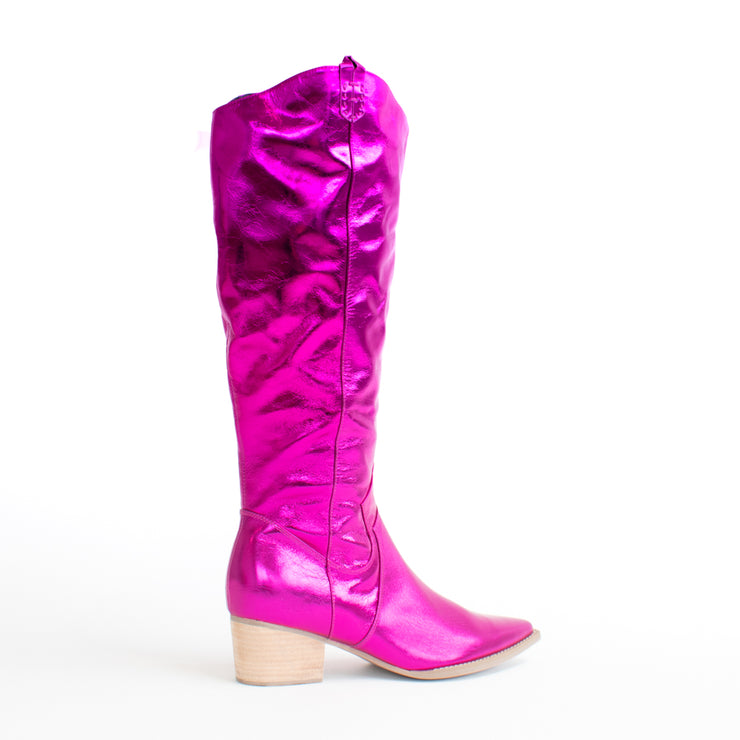Minx Giddy Up Gal Cerise Metallic Long Boot back. Size 45 womens shoes