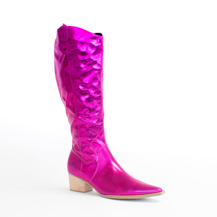Minx Giddy Up Gal Cerise Metallic Long Boot front. Size 44 womens shoes