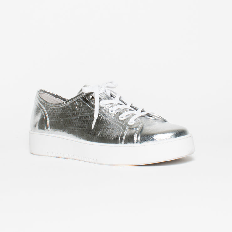 Minx Izzy Silver Linen Emboss Sneaker front. Size 43 womens shoes