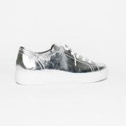 Minx Izzy Silver Linen Emboss Sneaker back. Size 44 womens shoes