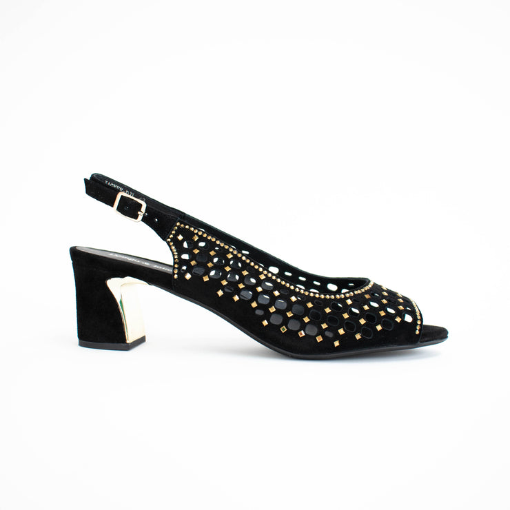 Django and Juliette Jackey Black Gold Sandals side. Size 42 womens shoes