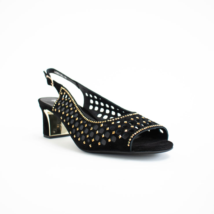 Django and Juliette Jackey Black Gold Sandals front. Size 43 womens shoes