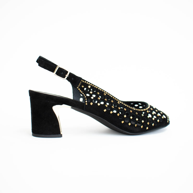 Django and Juliette Jackey Black Gold Sandals back. Size 44 womens shoes