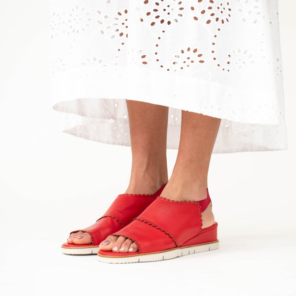 Bresley Snooze Red Sandal Model Shot side. 