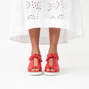 Hinako Mossman Red Sandals front model shot.