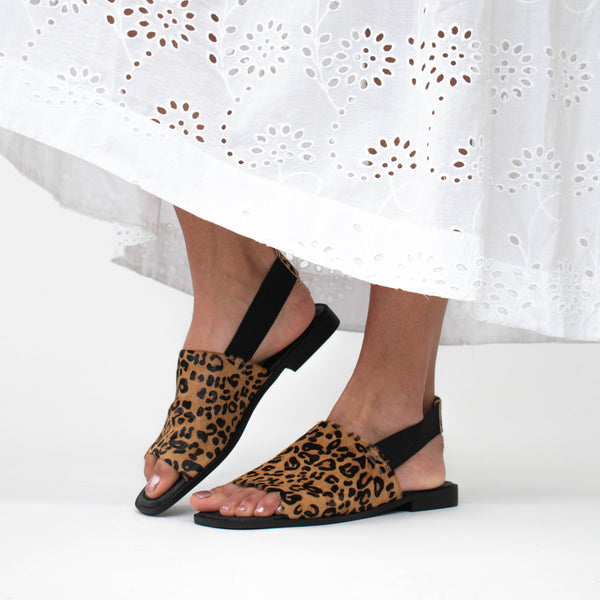 Bresley Snob Leopard Sandal Model Shot side. 