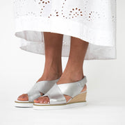 Hinako Mila Silver Sandals Model Shot side. 