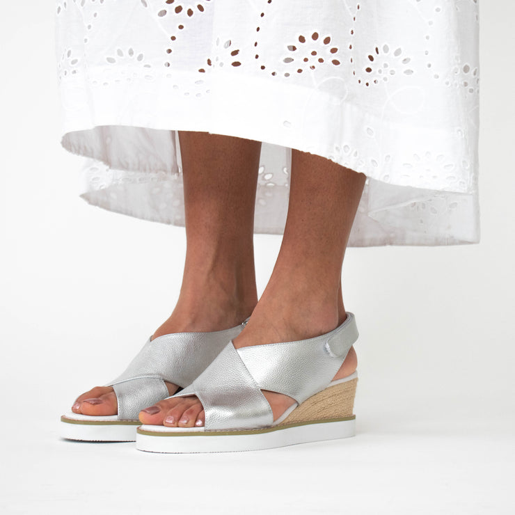 Hinako Mila Silver Sandals Model Shot side. 