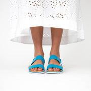 Isabella Chloe Blue Sandals Model Shot side.