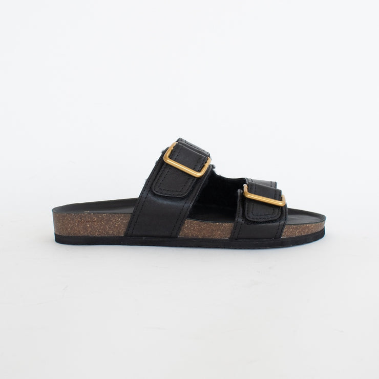 Frankie4 Nico Black Shearling Sandals side. Size 10 womens shoes