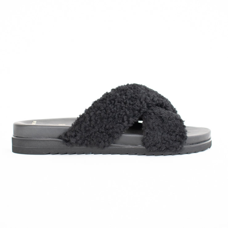 Frankie4 Rebel Black Shearling Slippers side. Size 10 womens shoes
