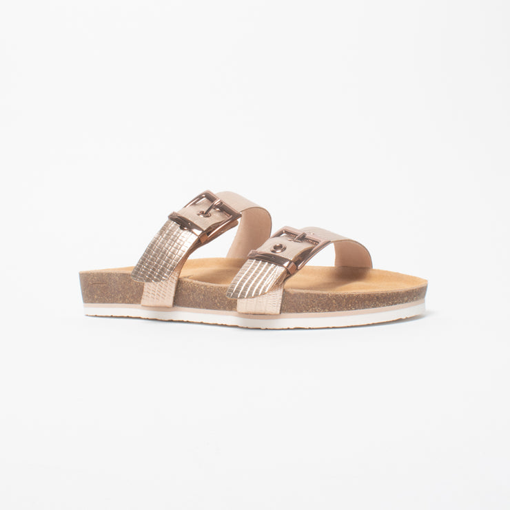 Frankie4 Sandy III Rose Gold Emboss Sandal front. Size 11 womens shoes