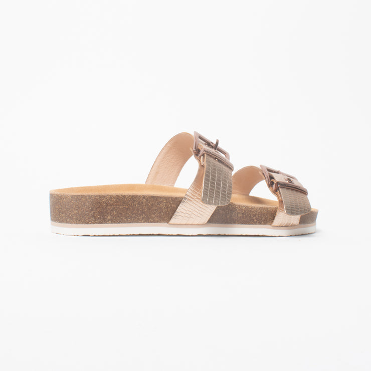 Frankie4 Sandy III Rose Gold Emboss Sandal back. Size 12 womens shoes