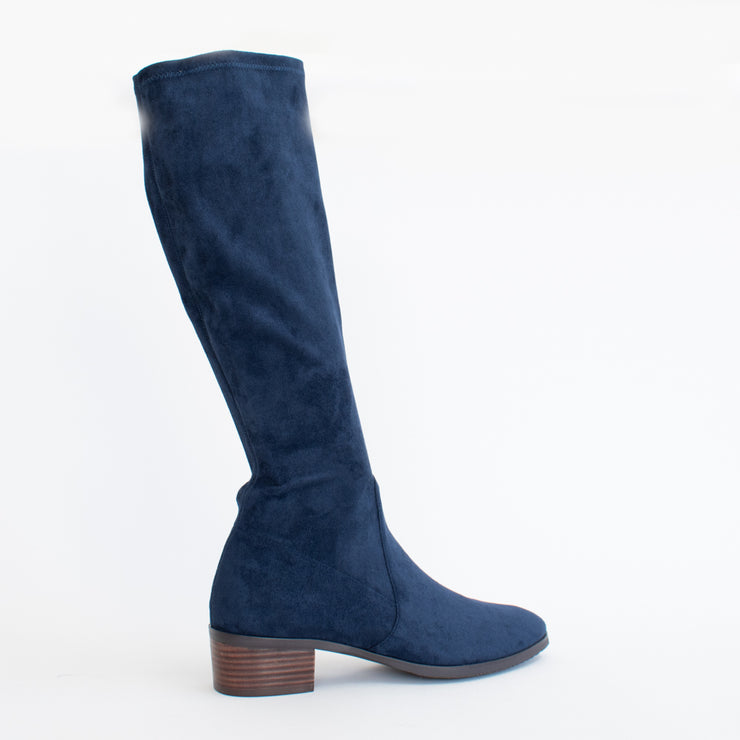 Django and Juliette Timothie Navy Stretch Suede Long Boot back. Size 44 womens shoes