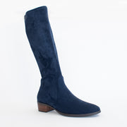 Django and Juliette Timothie Navy Stretch Suede Long Boot front. Size 43 womens shoes