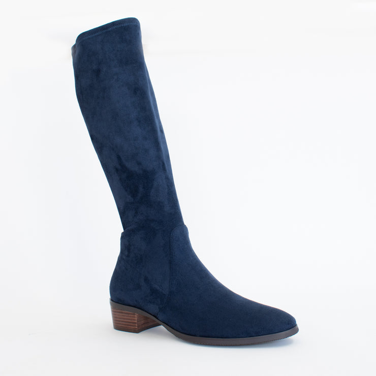 Django and Juliette Timothie Navy Stretch Suede Long Boot front. Size 43 womens shoes