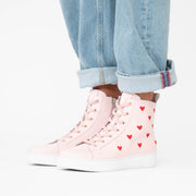 Minx Queen of Hearts Baby Pink Ankle Boot Model Shot. Size 43 womens shoes