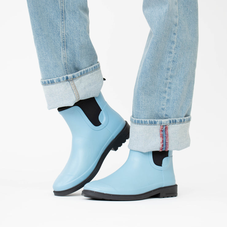 Hush Puppies Stormi Retro Blue Gumboot Model Shot. Size 11 womens shoes