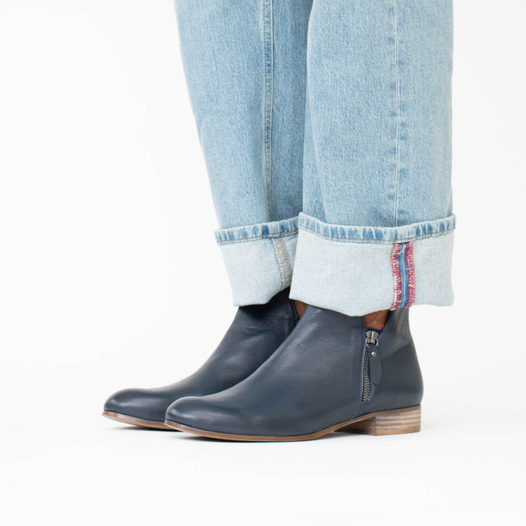 Django and Juliette Faye Navy Ankle Boots Model Shot. Size 43 womens shoes