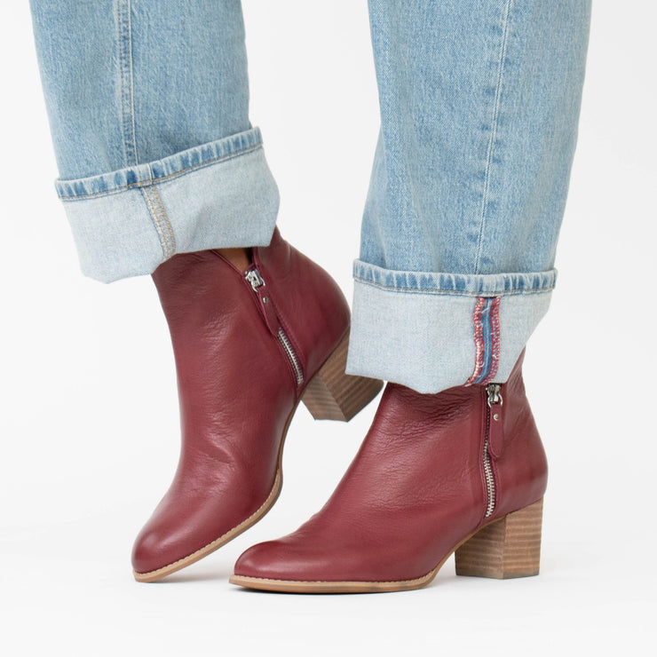 Django and Juliette Shiannely Burgundy Ankle Boot Model Shot. Size 43 womens shoes