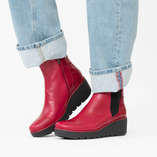 Bresley Prop Red Wrinkle Ankle Boot Model Shot. Size 43 womens shoes