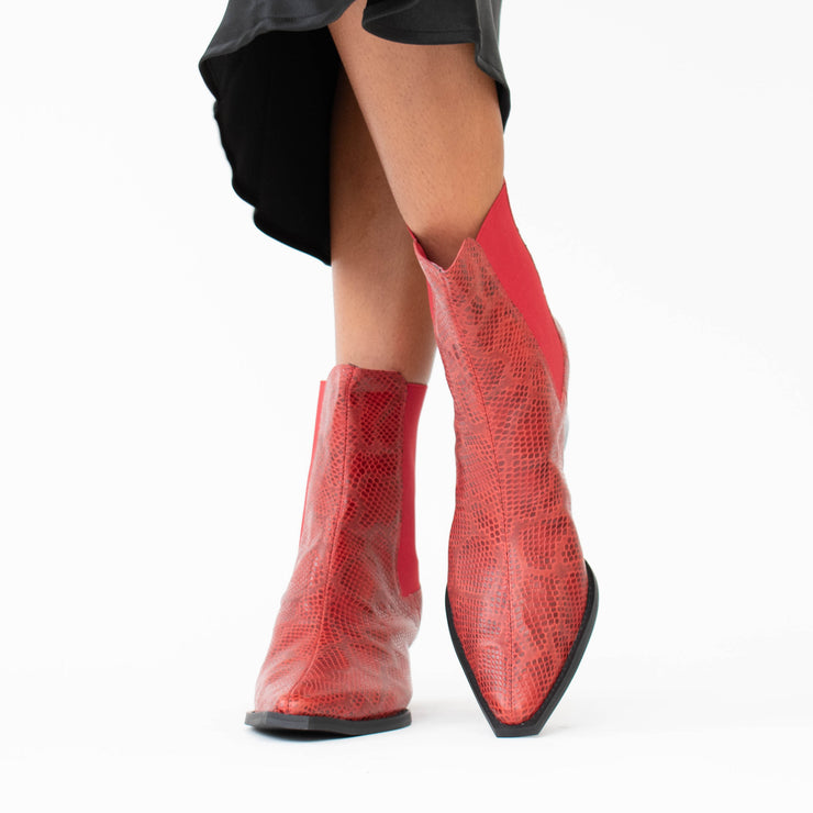 Minx Hawk Red Cobra Ankle Boot model shot. Womens size 43 shoes