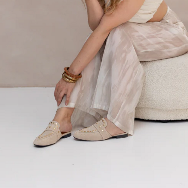 Babouche Lifestyle Nance 2 Taupe Suede Shoe on model. Size 42 womens shoes