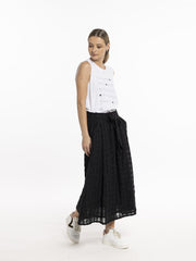 Model in Style X Lab Refraction Skirt Black Side View white top made longer for tall women
