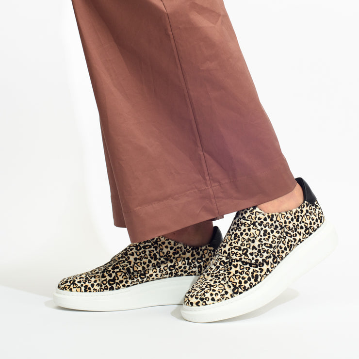 Minx Zena Heart Cheetah Pony Print sneaker model shot side. Size 42 womens shoes