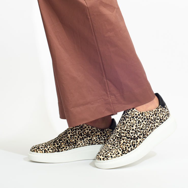 Minx Zena Heart Cheetah Pony Print sneaker model shot side. Size 42 womens shoes