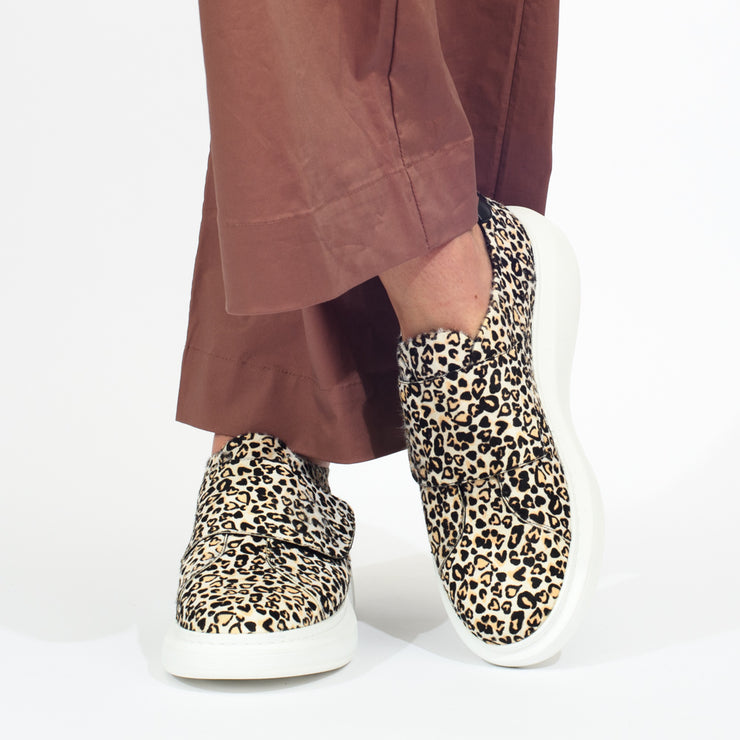 Minx Zena Heart Cheetah Pony Print Sneaker model shot front. Size 43 womens shoes