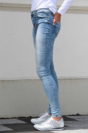 Side view of tall model in Tanya B 34Leg Reeta Und Wash Jeans for tall women