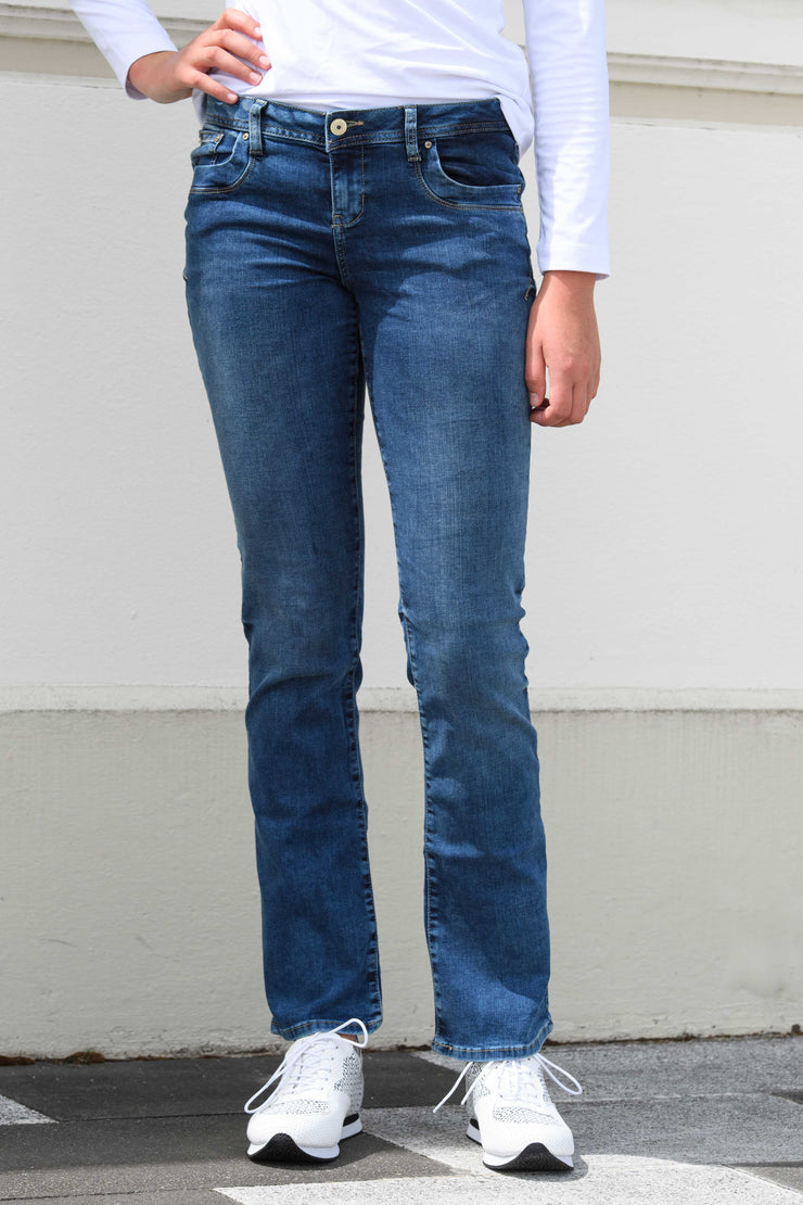 Tall model wearing Valerie 34Leg Blue Lapis Jeans made longer for tall women